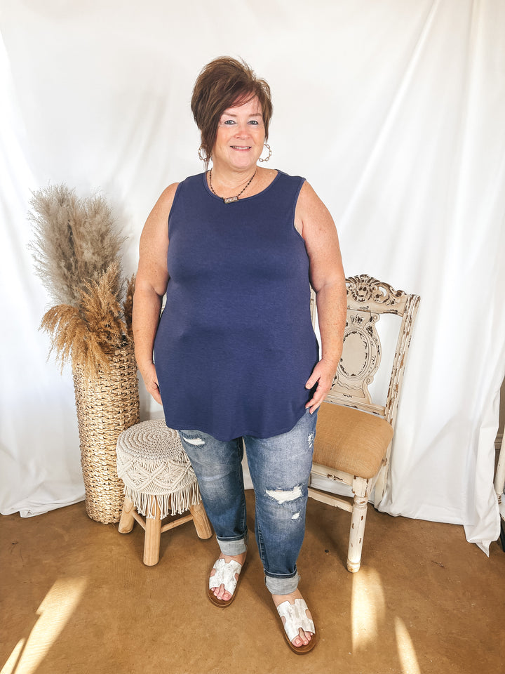 Give Me Joy Solid Knit A-Line Tank Top in Dusty Navy Blue - Giddy Up Glamour Boutique