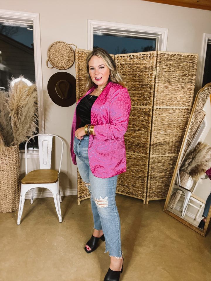 Lasting Impression Leopard Print Blazer with Ruched 3/4 Sleeves in Hot Pink - Giddy Up Glamour Boutique