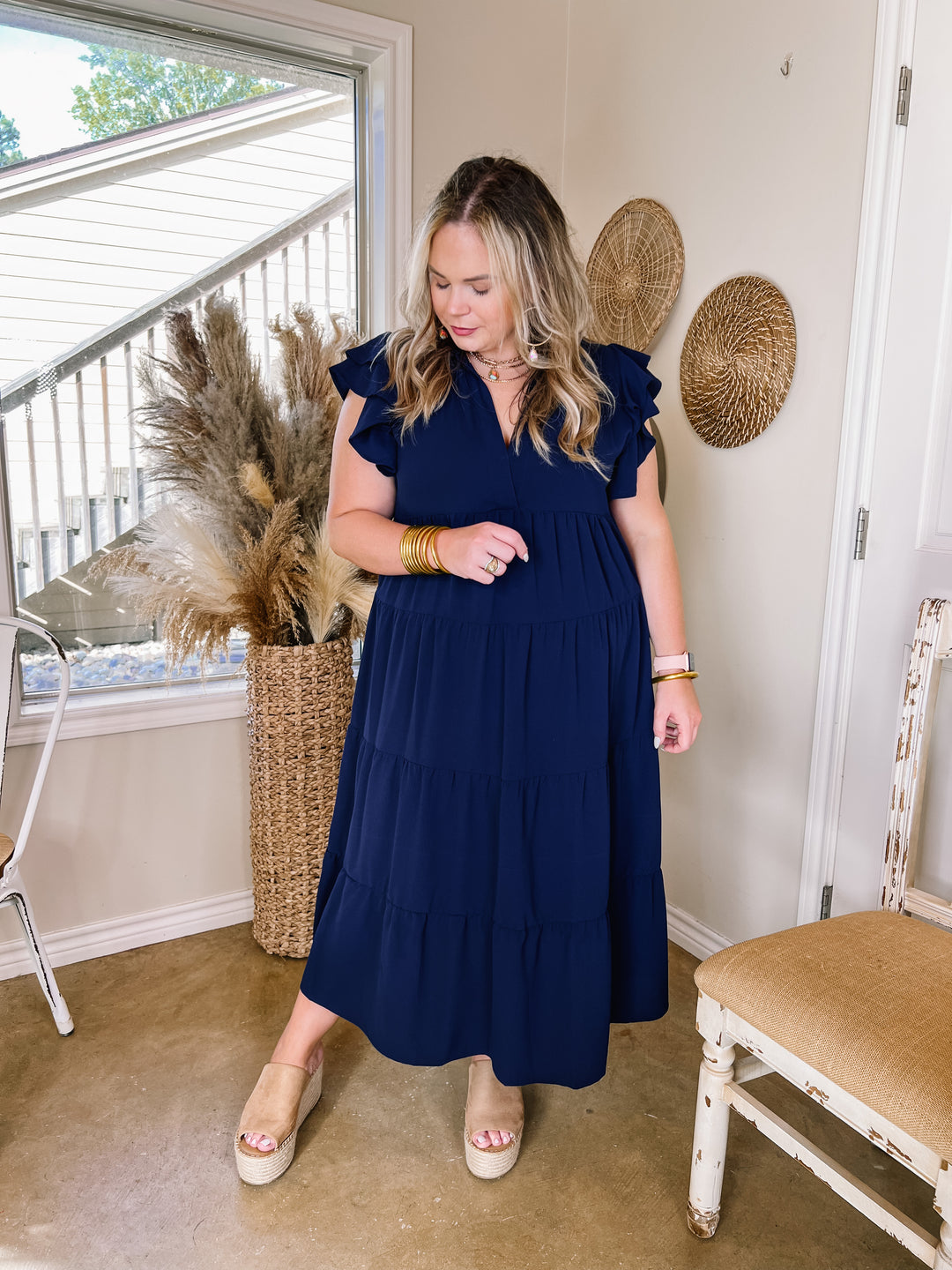 All Of A Sudden Tiered Midi Dress with Ruffle Cap Sleeves in Navy Blue - Giddy Up Glamour Boutique