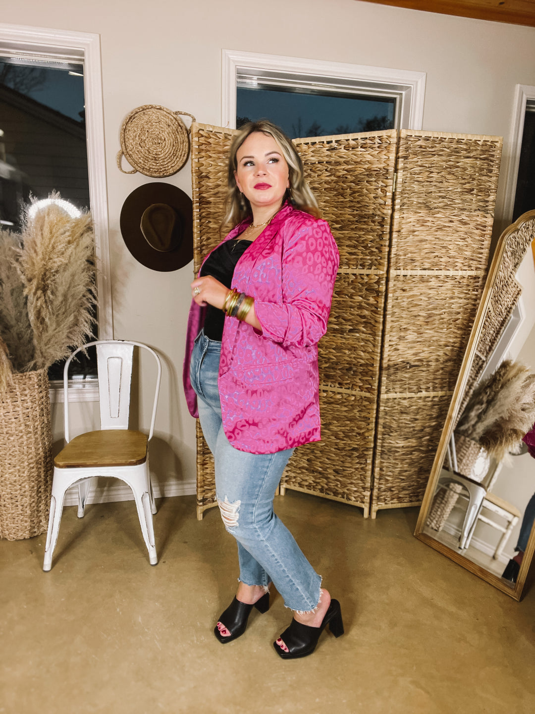 Lasting Impression Leopard Print Blazer with Ruched 3/4 Sleeves in Hot Pink - Giddy Up Glamour Boutique