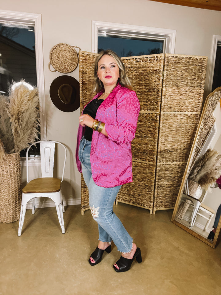 Lasting Impression Leopard Print Blazer with Ruched 3/4 Sleeves in Hot Pink - Giddy Up Glamour Boutique