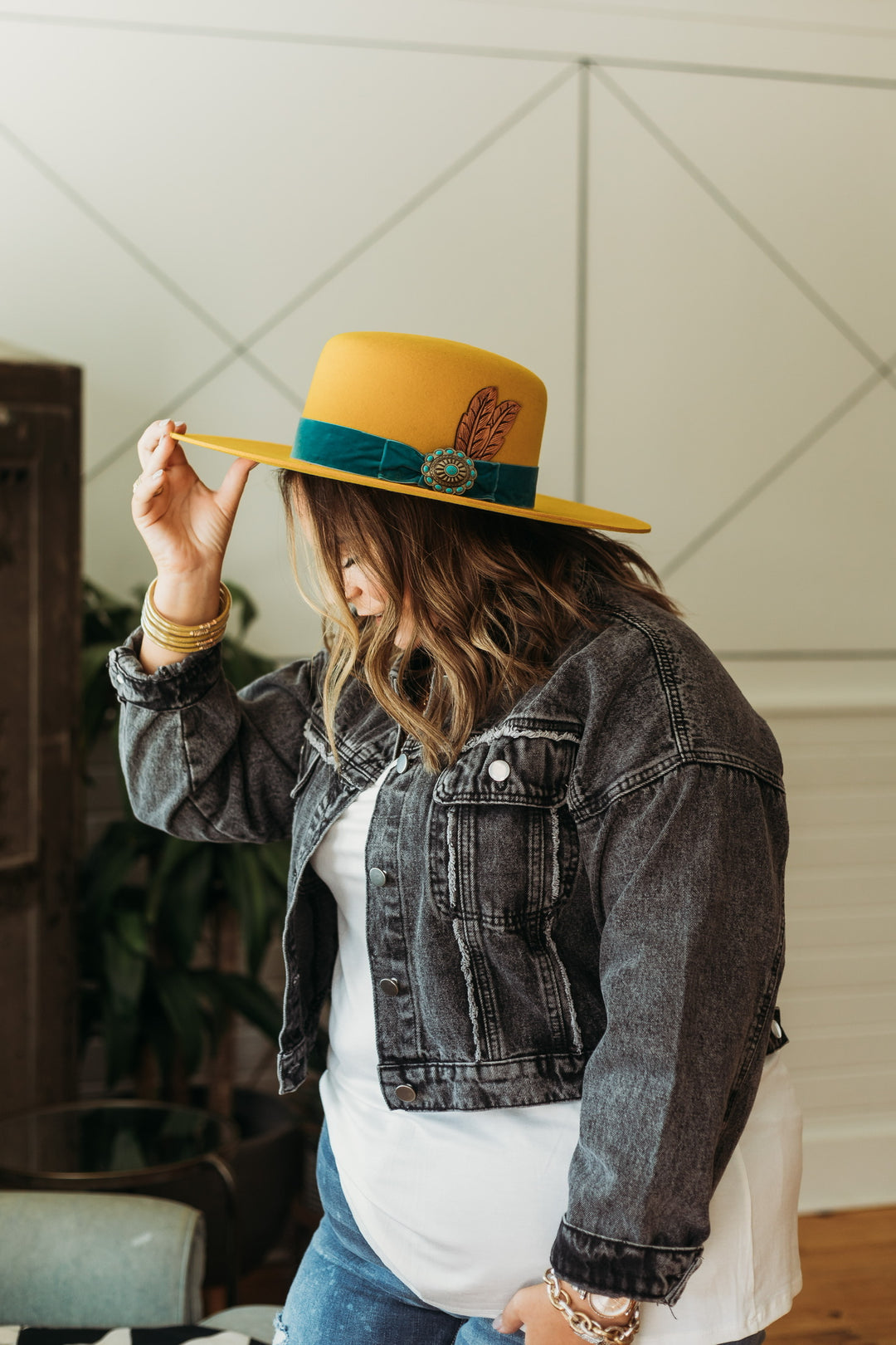 Charlie 1 Horse | Nomad Wool Felt Hat with Ribbon Band and Concho with Leather Feather in Yellow - Giddy Up Glamour Boutique