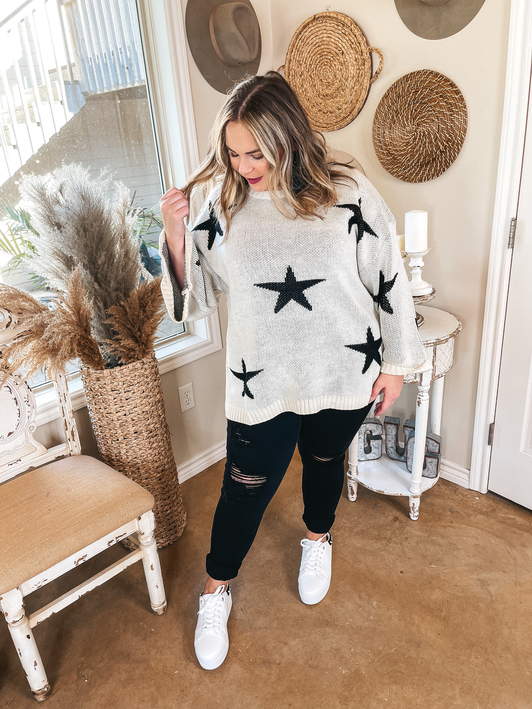 Brightest Dreams Star Print Oversized Sweater in Ivory - Giddy Up Glamour Boutique