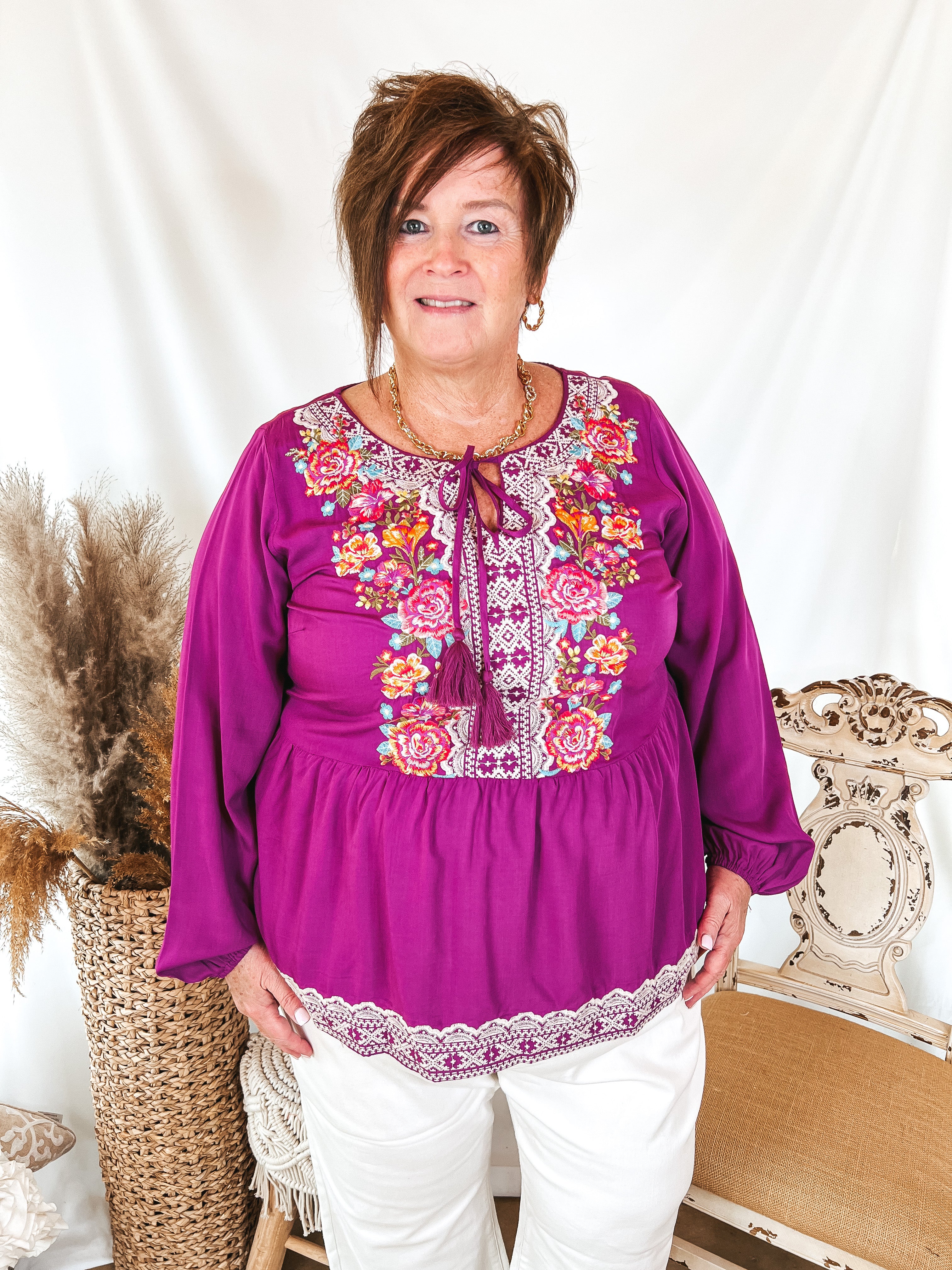 Stuck In A Daydream Long Sleeve Keyhole Top with Floral Embroidery in Magenta Purple - Giddy Up Glamour Boutique