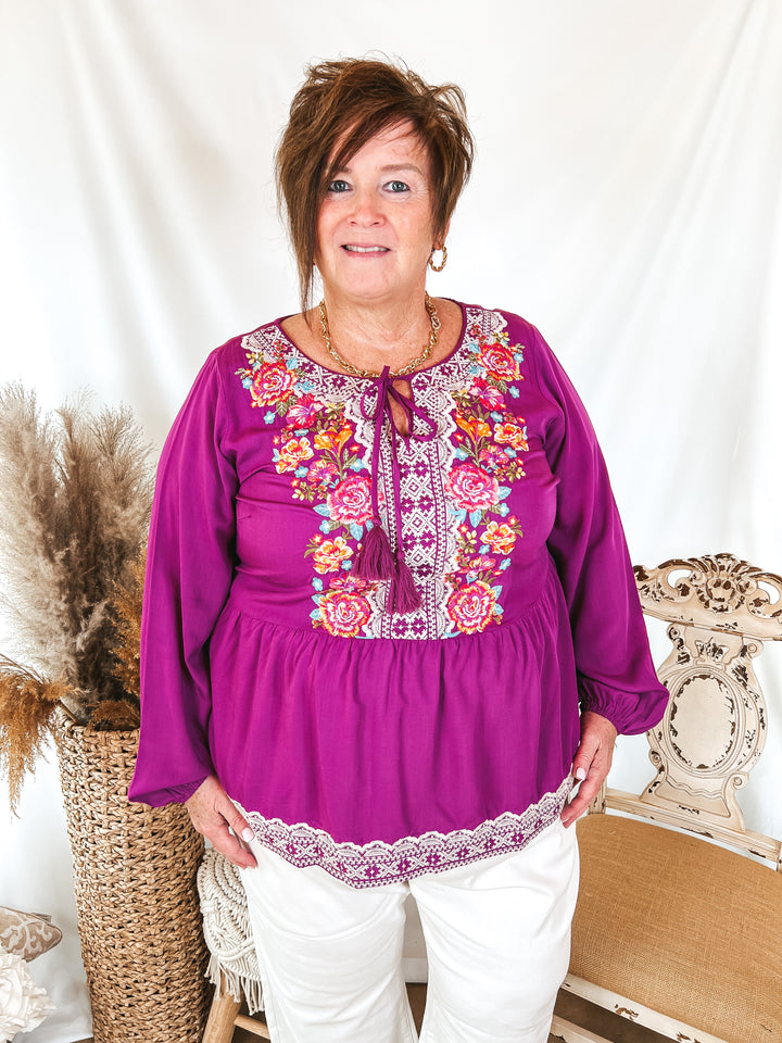 Stuck In A Daydream Long Sleeve Keyhole Top with Floral Embroidery in Magenta Purple - Giddy Up Glamour Boutique
