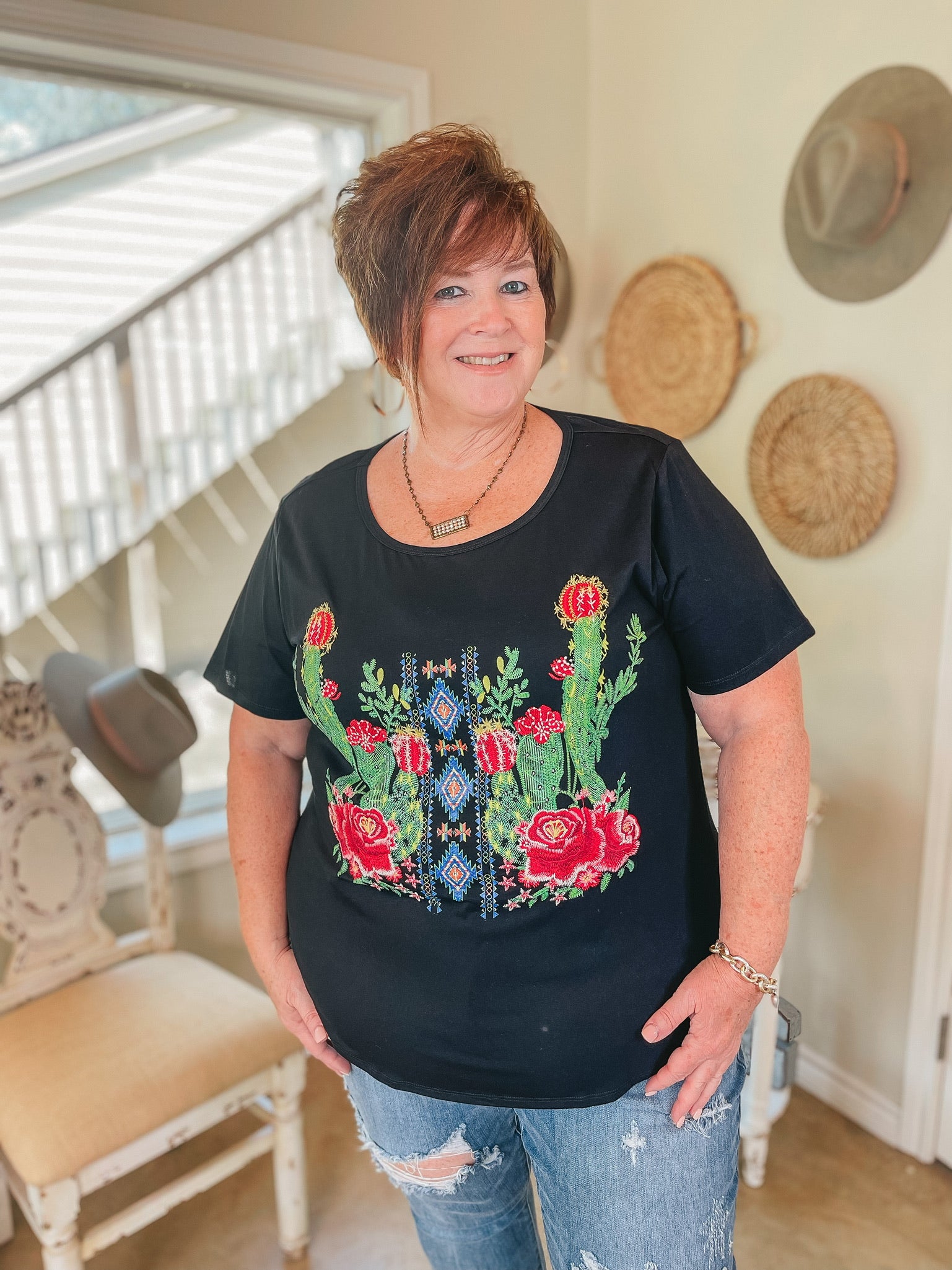Last Chance Size Small & Med. | Far South Floral Cactus Embroidered Short Sleeve Top in Black - Giddy Up Glamour Boutique