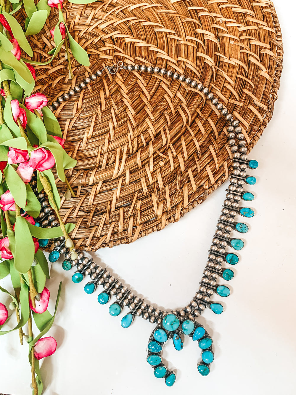 Sheryl Martinez | Navajo Handmade Sterling Silver Navajo Pearl and Kingman Turquoise Squash + Naja Necklace - Giddy Up Glamour Boutique