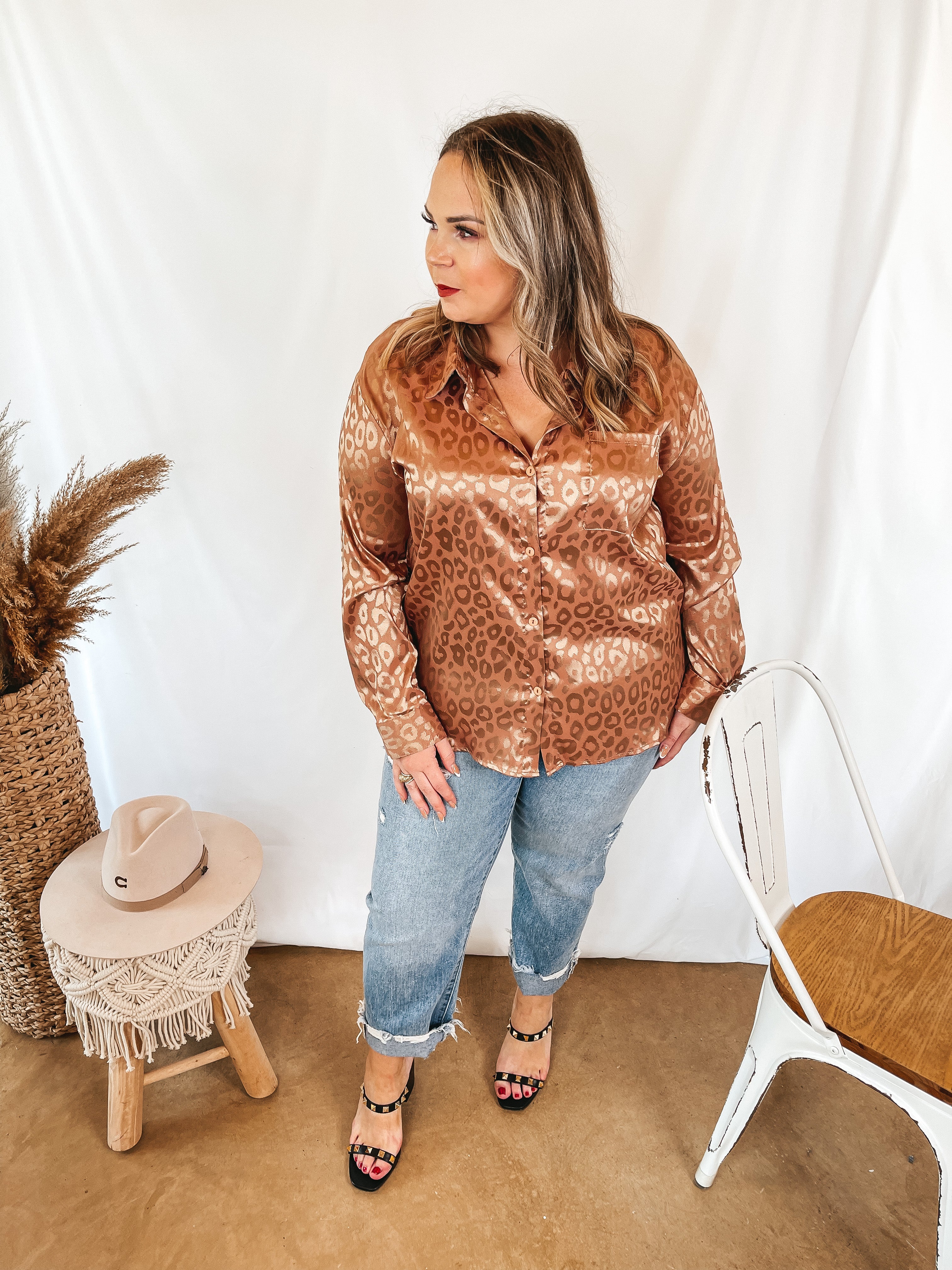 Top It Off Long Sleeve Button Up Satin Leopard Top in Copper - Giddy Up Glamour Boutique