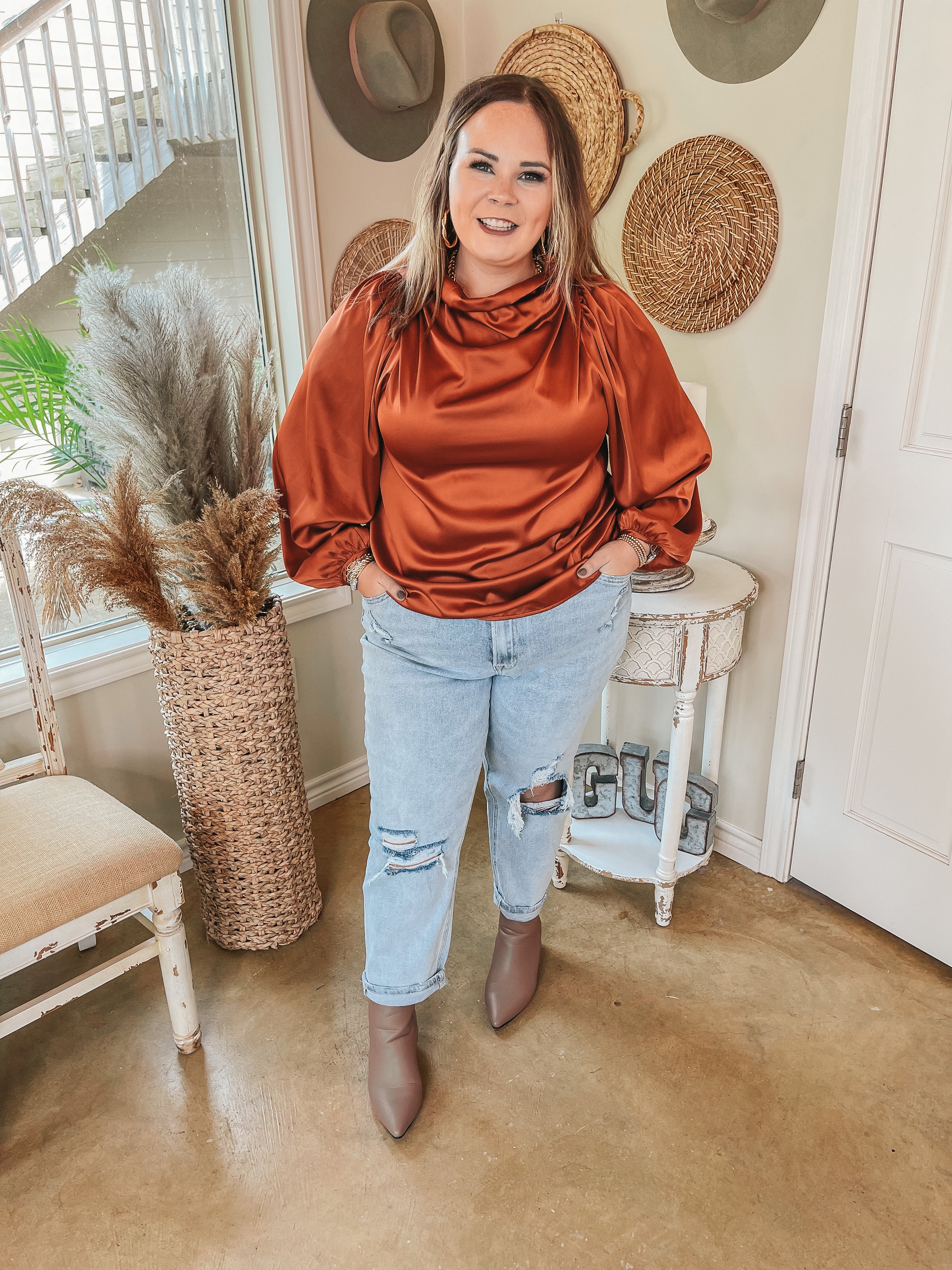 Afternoon in Asheville High Cowl Neck Long Sleeve Satin Blouse in Rust Orange - Giddy Up Glamour Boutique