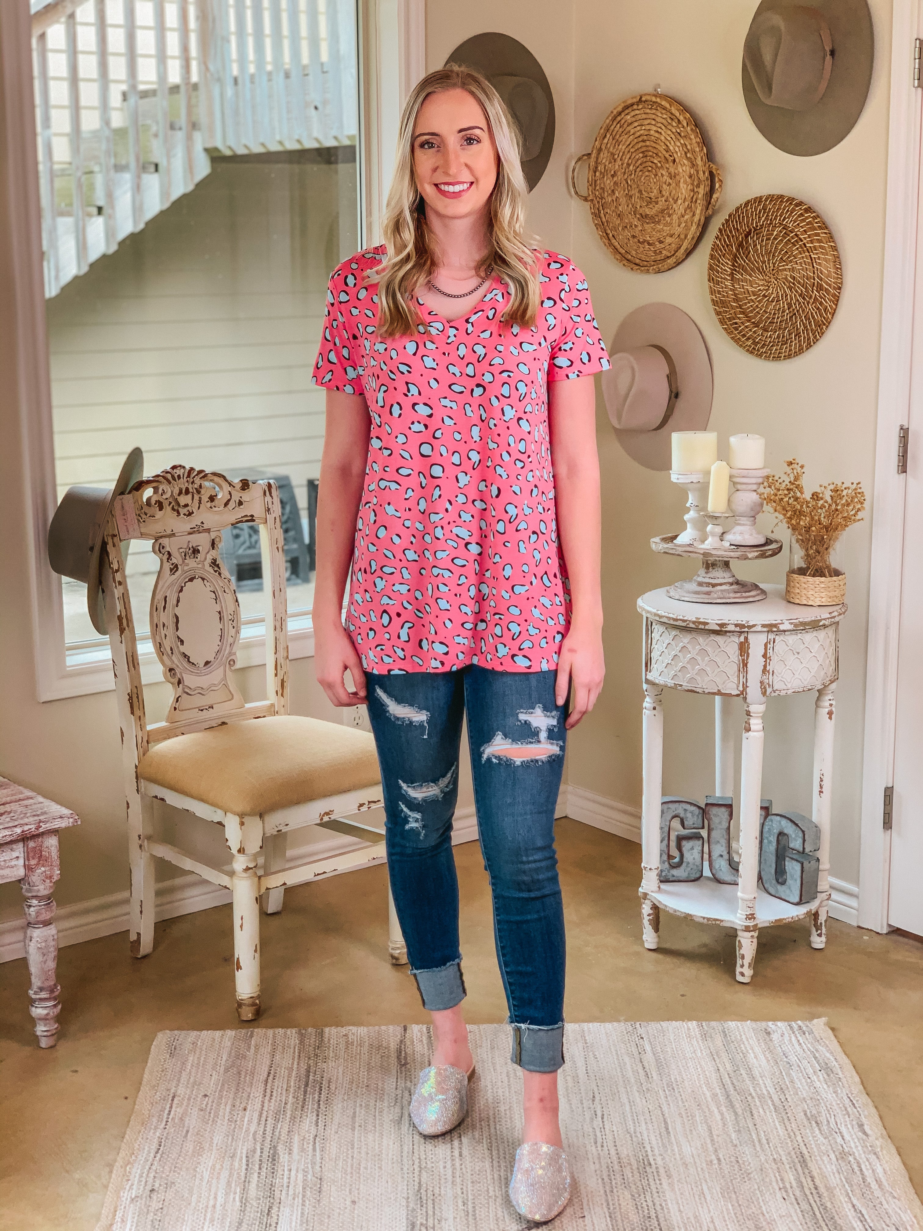 Keep Things Simple Baby Blue Leopard V Neck Tee Shirt in Pink - Giddy Up Glamour Boutique