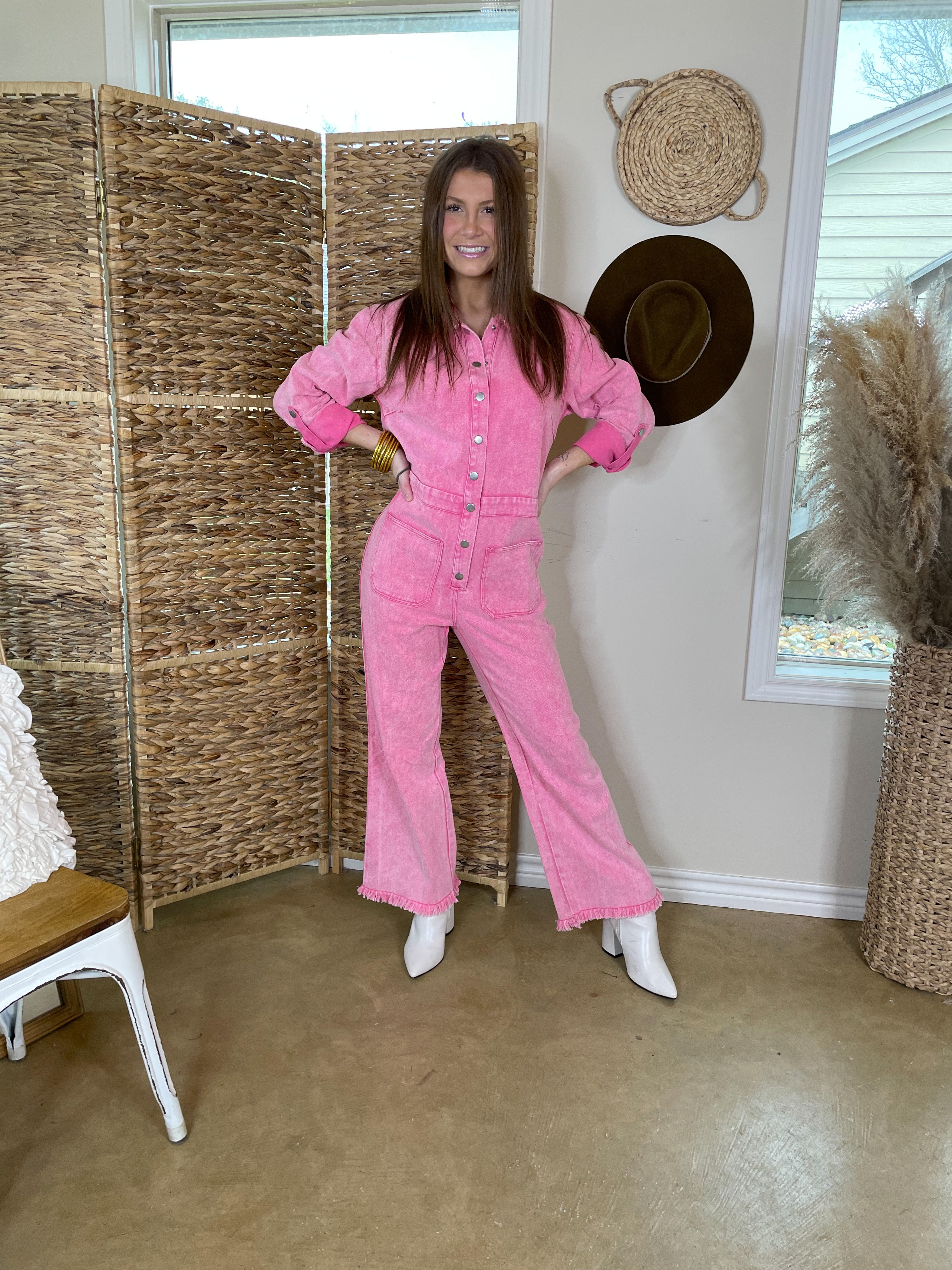Book It Denim Button Up Jumpsuit in Pink - Giddy Up Glamour Boutique