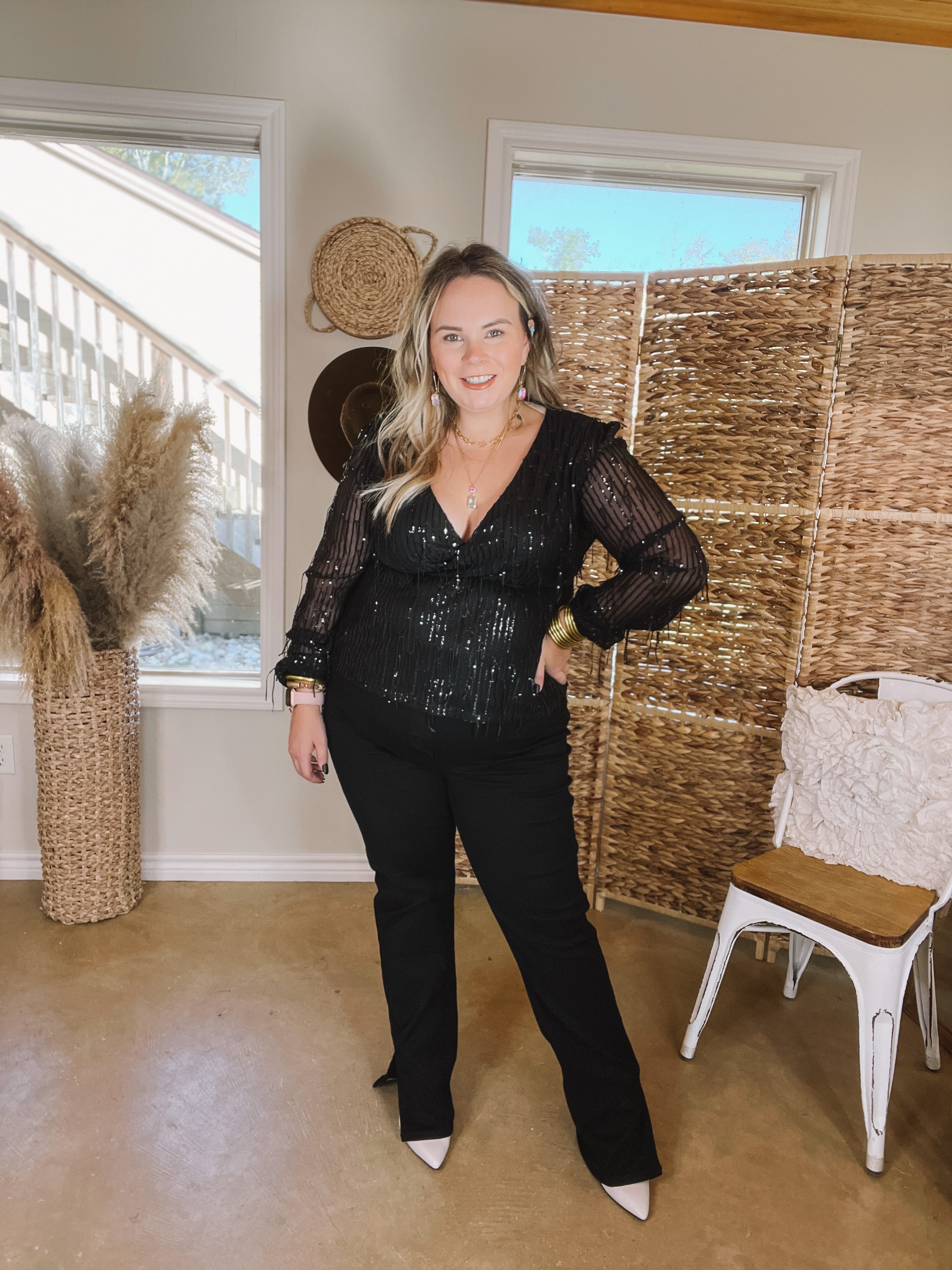 Full Of Charm Sequin Fringe Peplum Top in Black - Giddy Up Glamour Boutique