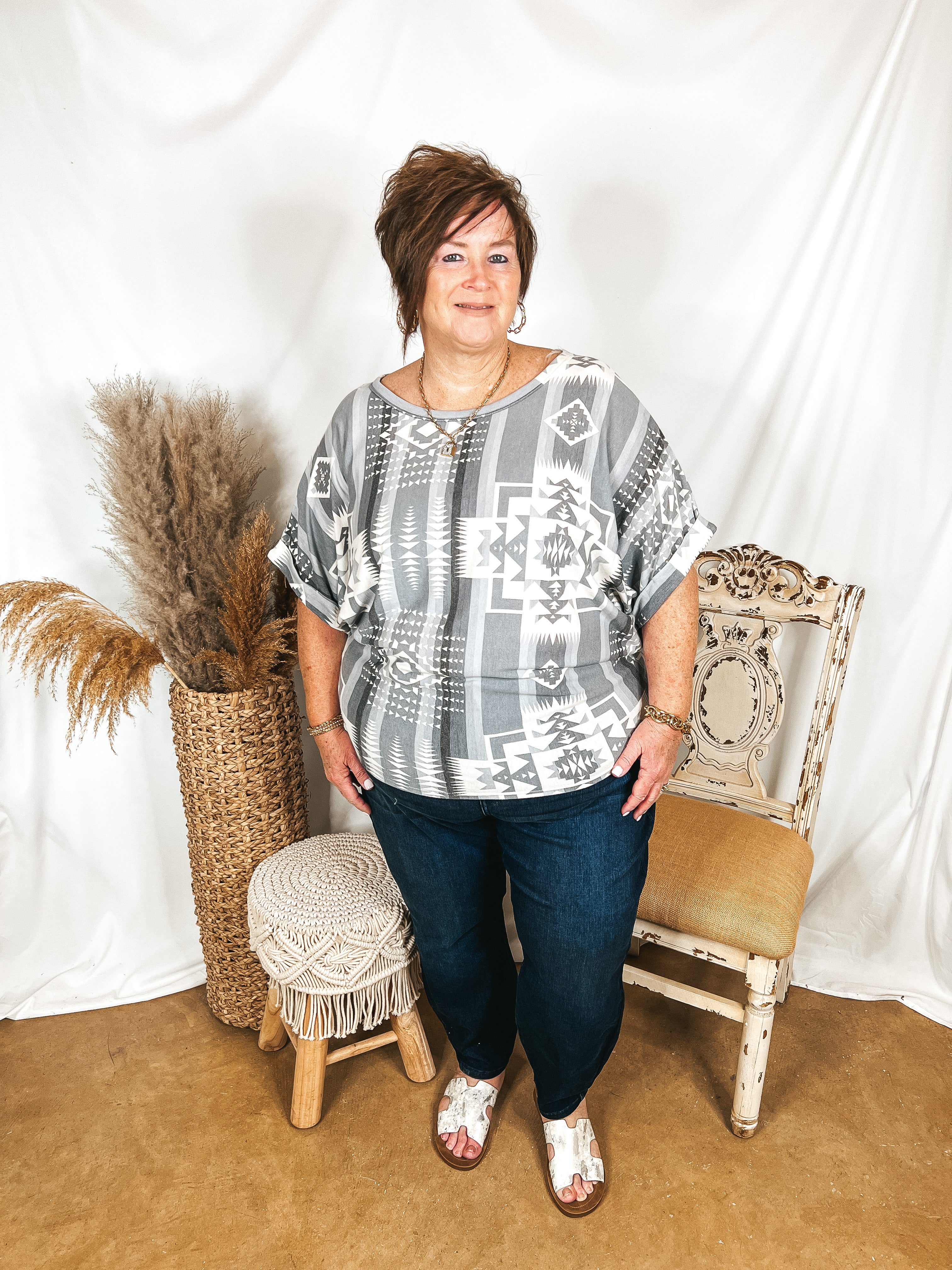 Western Weather Aztec Print Striped Short Sleeve Top in Grey Mix - Giddy Up Glamour Boutique