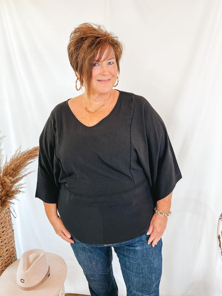 Switch It Up 3/4 Drop Sleeve Peplum Blouse in Black - Giddy Up Glamour Boutique