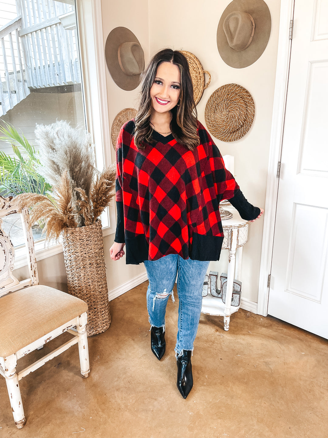 Just Joyful Buffalo Plaid Long Sleeve Shift Top in Red and Black - Giddy Up Glamour Boutique