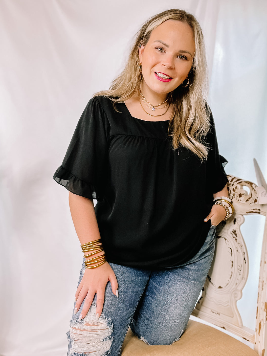 New Best Friend Square Neck Ruffle Short Sleeve Top in Black - Giddy Up Glamour Boutique