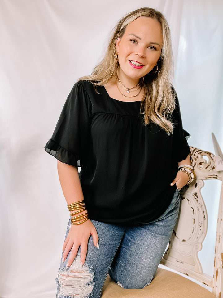 New Best Friend Square Neck Ruffle Short Sleeve Top in Black - Giddy Up Glamour Boutique