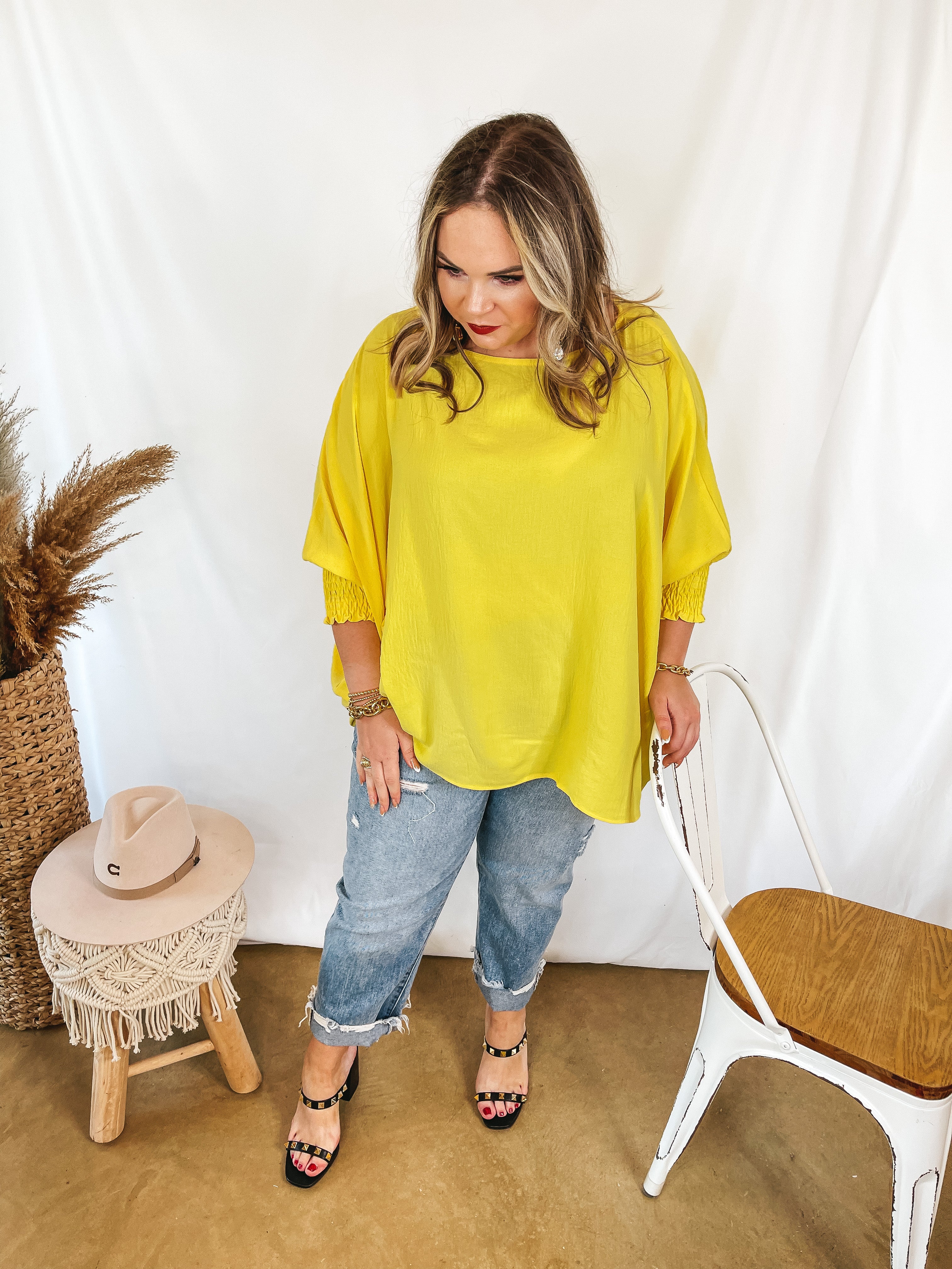Growing and Glowing Smocked 3/4 Sleeve Oversized Blouse in Sunshine Yellow - Giddy Up Glamour Boutique