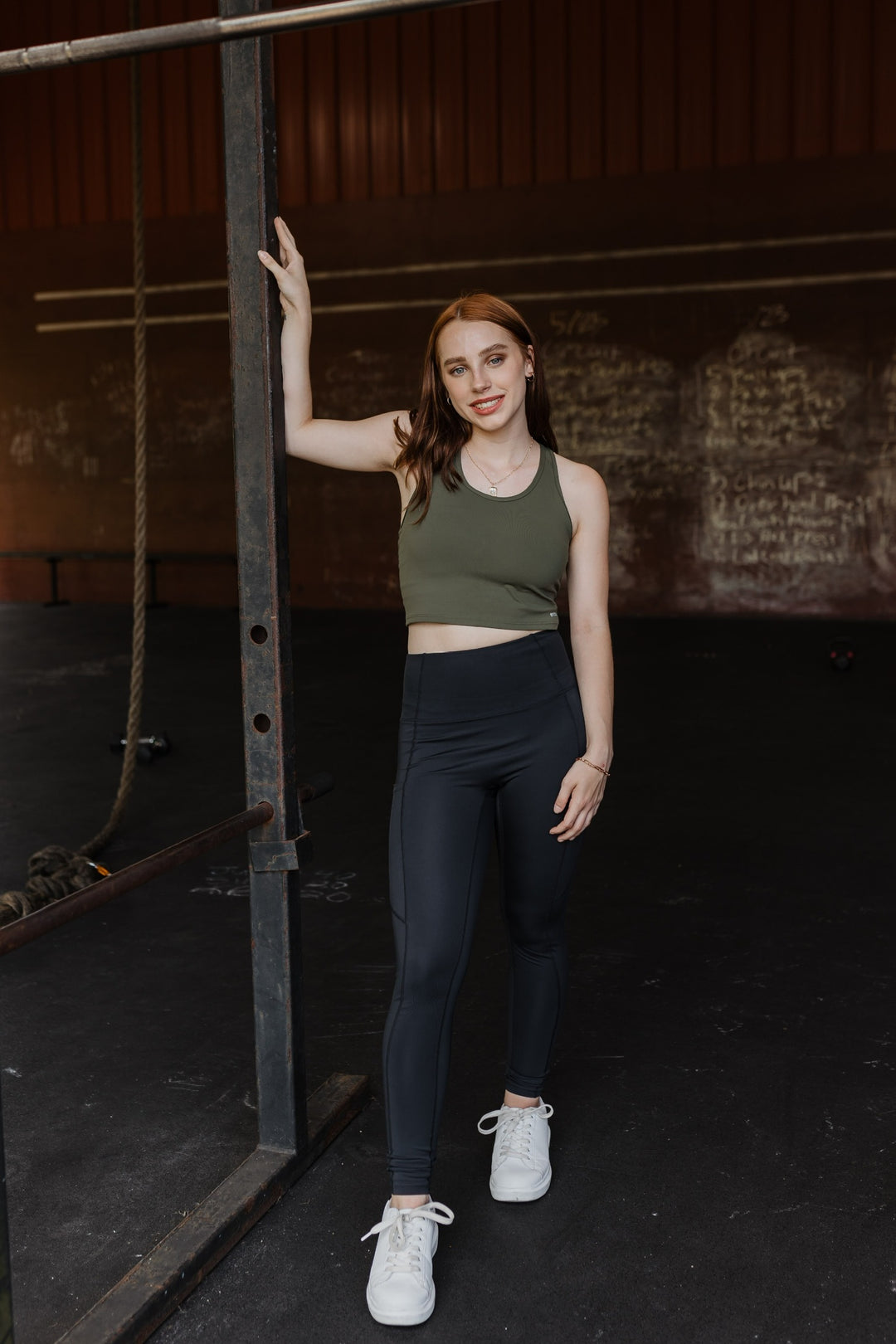 CrossFit Cutie Racer Back Tank Top Sports Bra in Olive Green - Giddy Up Glamour Boutique