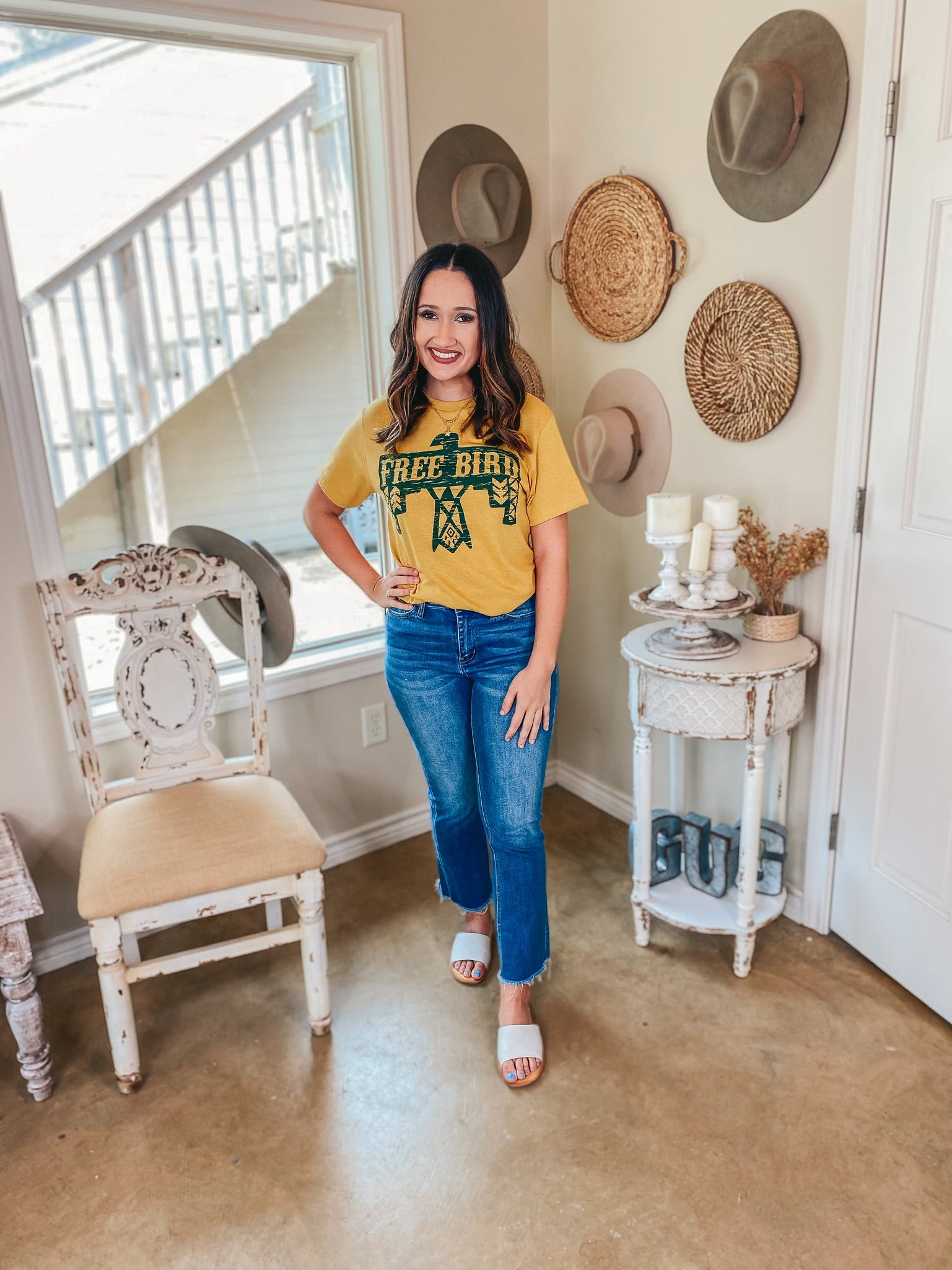 Free Bird Thunderbird Short Sleeve Graphic Tee in Mustard Yellow - Giddy Up Glamour Boutique