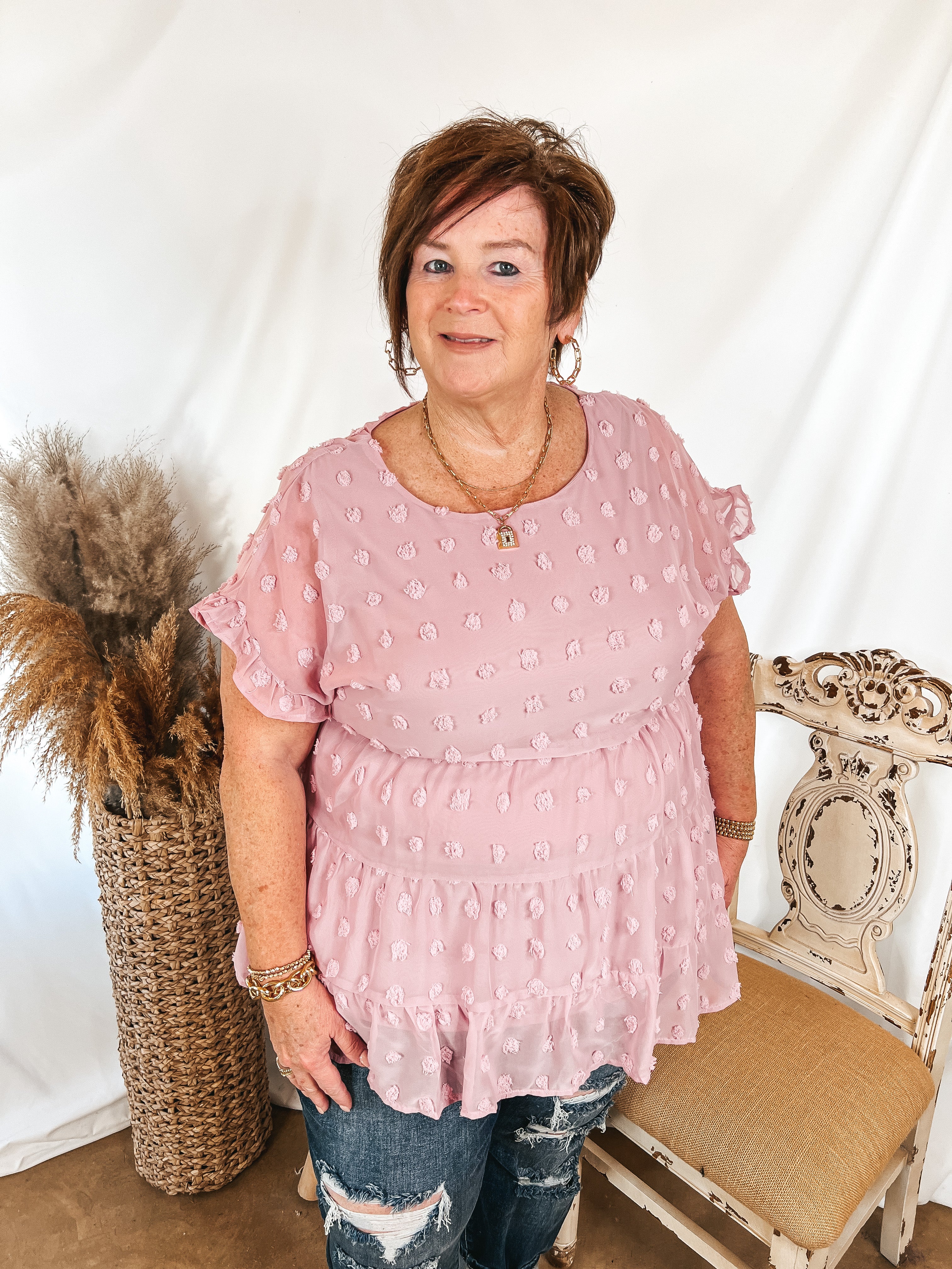 Such A Delight Tiered Swiss Dot Top with Ruffle Cap Sleeves in Mauve Purple - Giddy Up Glamour Boutique