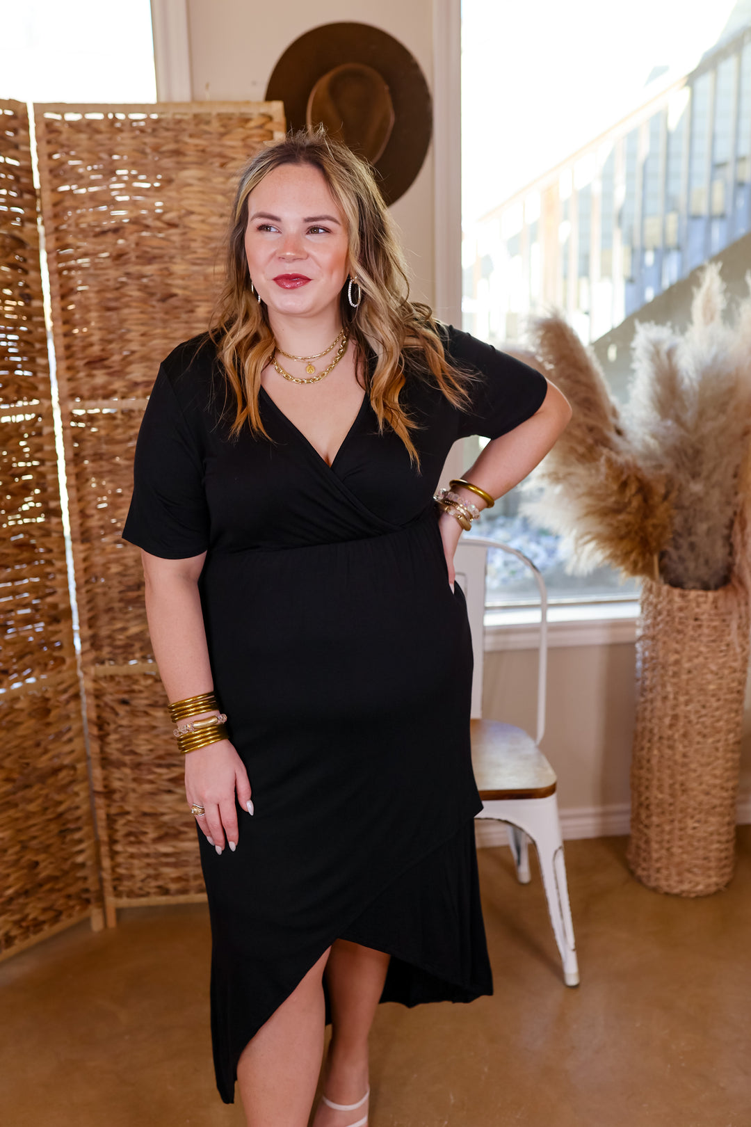 Turn Away Wrap Midi Dress with Short Sleeves in Black - Giddy Up Glamour Boutique