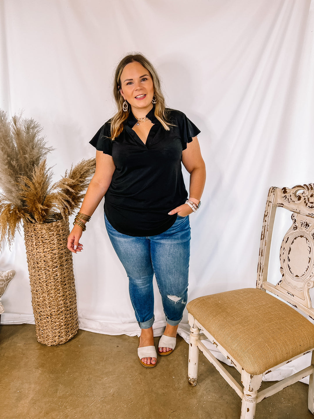 Every Effort Ruffle Short Sleeve Top with Notched Neckline in Black - Giddy Up Glamour Boutique