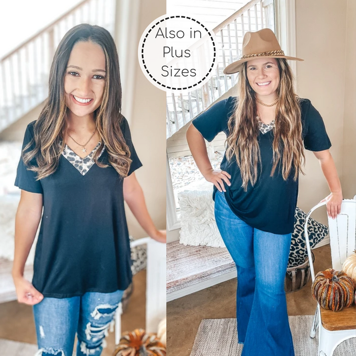 Make It Happen Leopard V Neck Detail Top in Black - Giddy Up Glamour Boutique