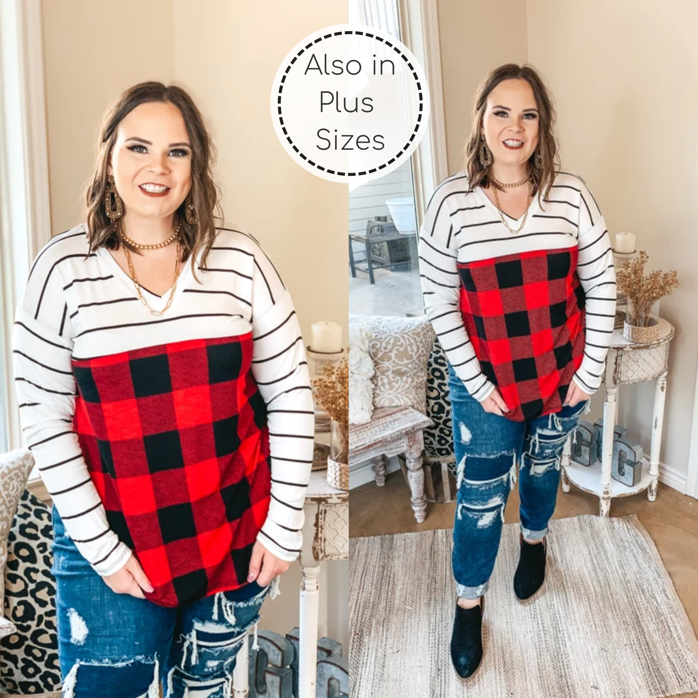 Sights of the Season Long Sleeve V Neck Top with Striped Upper and Buffalo Plaid Body - Giddy Up Glamour Boutique