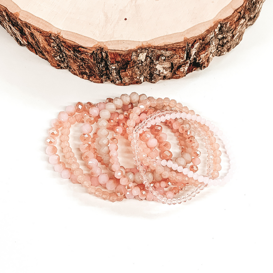 Nine Piece Crystal Beaded Bracelet Set in Baby Pink - Giddy Up Glamour Boutique