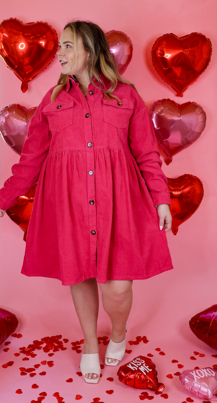 Over The Edge Corduroy Button Up Babydoll Dress in Hot Pink - Giddy Up Glamour Boutique