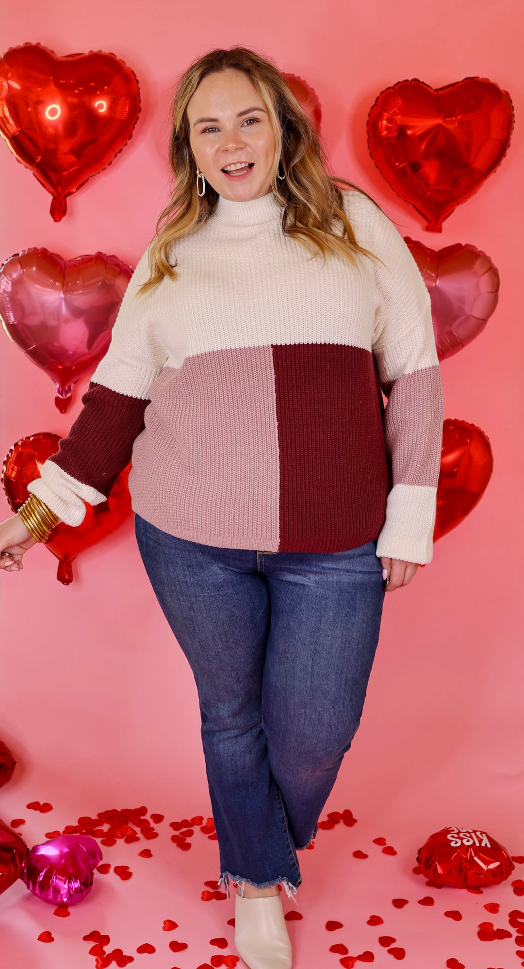 Just Warming Up Color Block Knit Pullover Sweater in Maroon and Mauve - Giddy Up Glamour Boutique