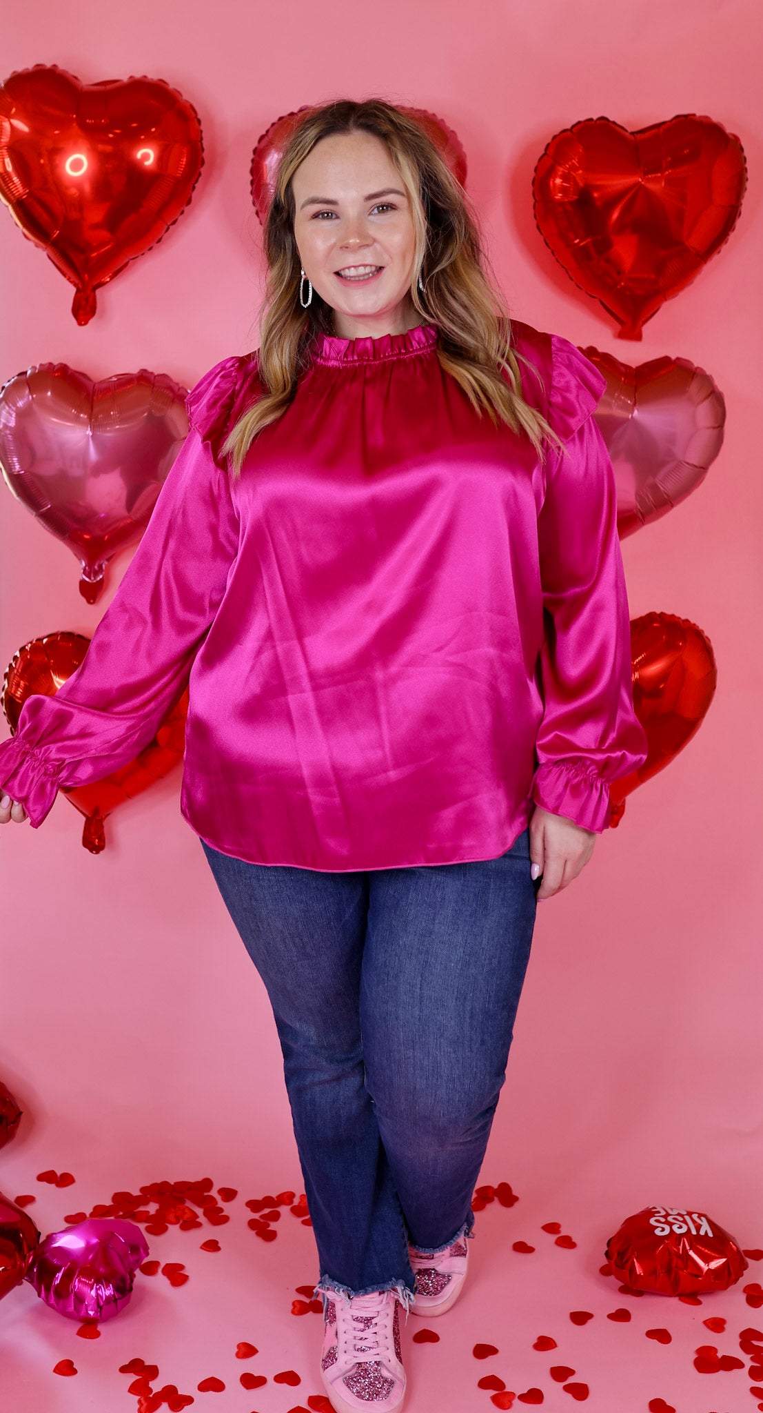 Can't Stop Me Ruffle Mock Neck Long Sleeve Satin Top in Fuchsia Pink - Giddy Up Glamour Boutique
