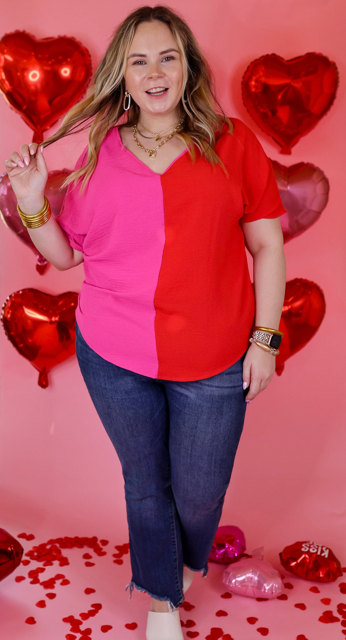 Lovely Dear V Neck Short Sleeve Color Block Top in Fuchsia and Red - Giddy Up Glamour Boutique
