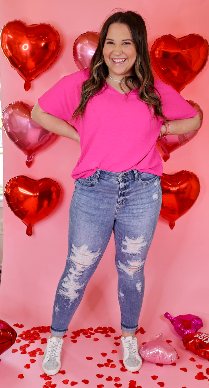 Lovely Dear V Neck Short Sleeve Solid Top in Fuchsia Pink - Giddy Up Glamour Boutique