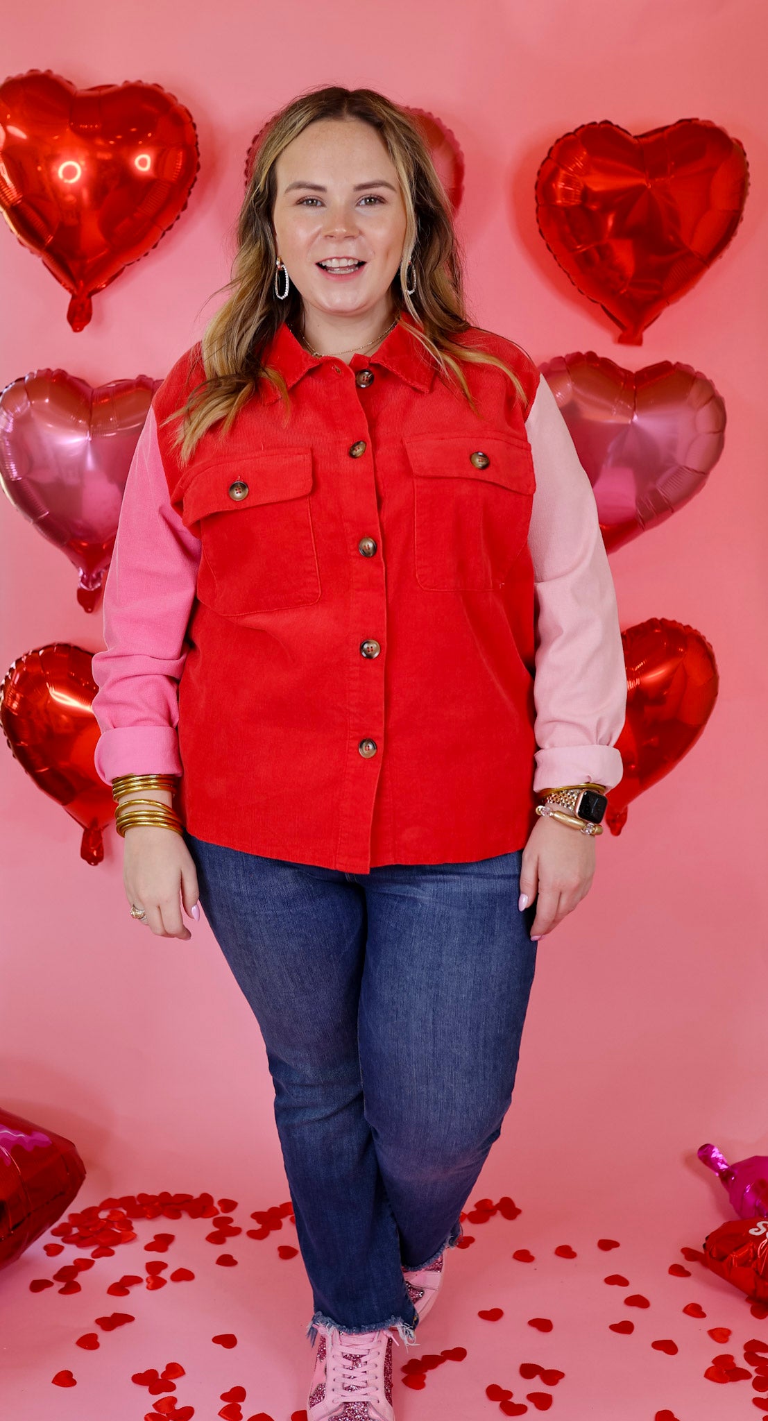 Kind Smiles Button Up Corduroy Color Block Shacket in Red and Pink - Giddy Up Glamour Boutique
