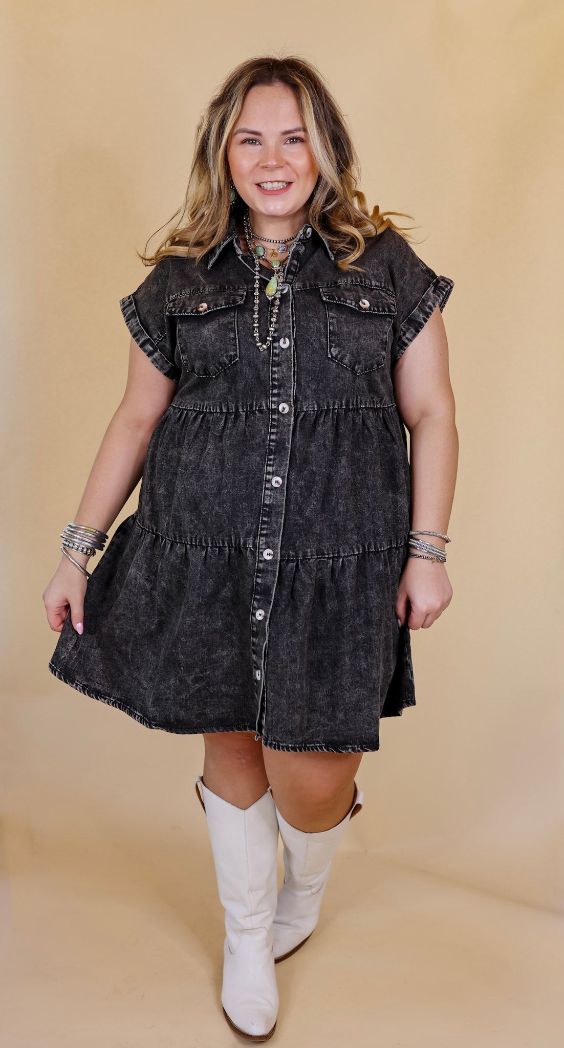 Latest Obsession Button Up Denim Tiered Dress in Black - Giddy Up Glamour Boutique