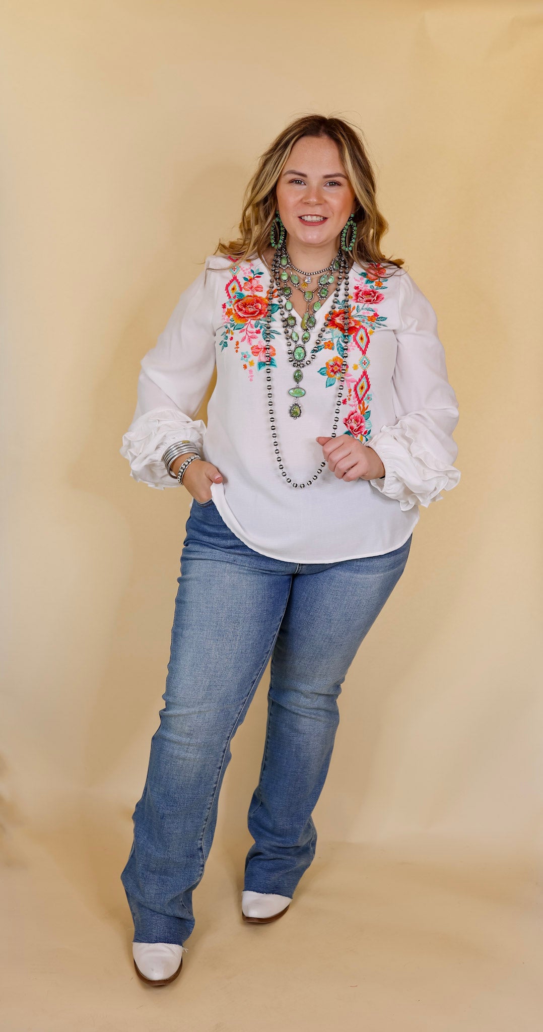 Vineyard Villa Floral Embroidered Top with Long Ruffle Sleeves in White - Giddy Up Glamour Boutique