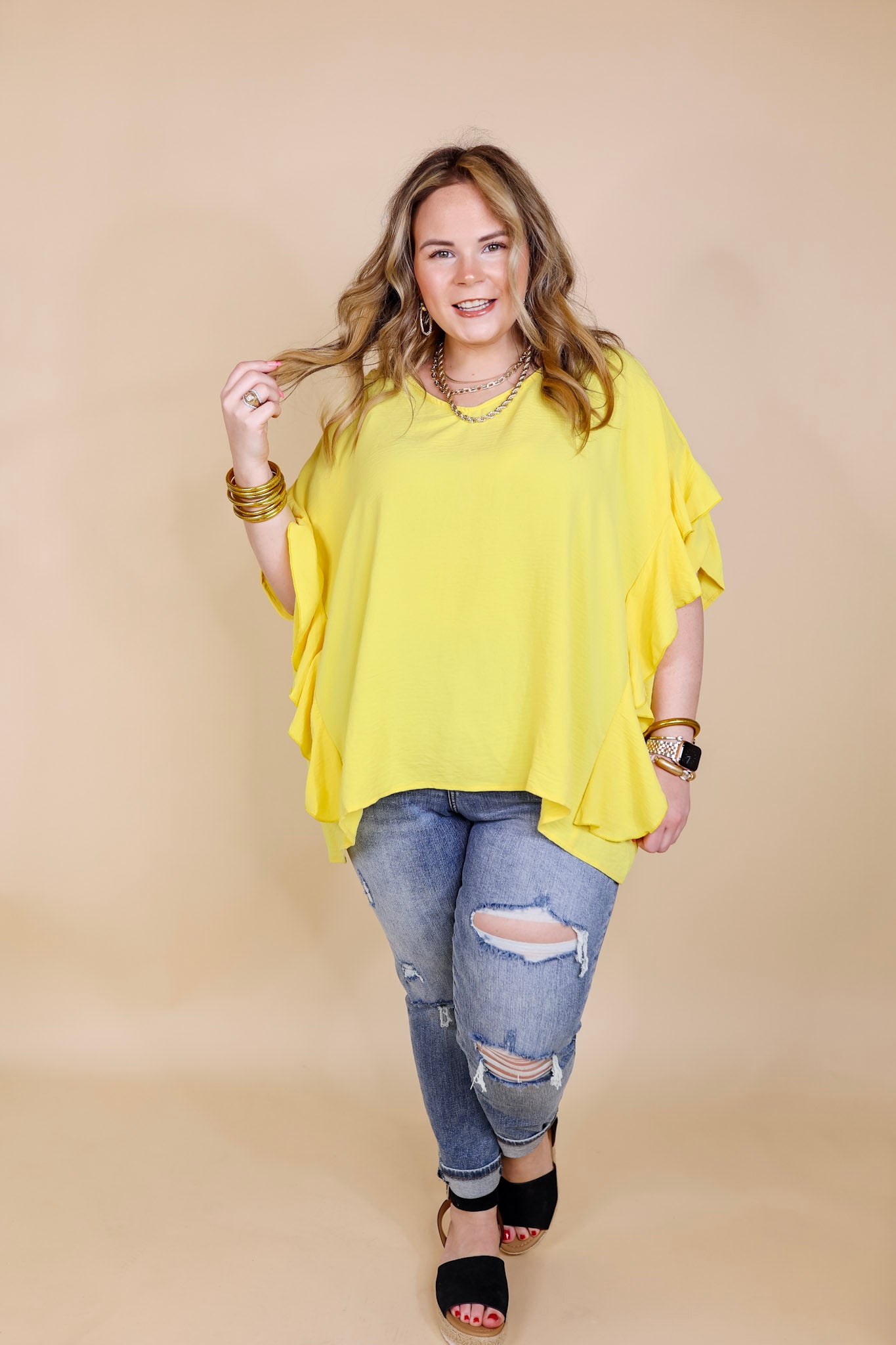 Sip of Spring Ruffle Sleeve Shift Top with V Neckline in Lemon Yellow - Giddy Up Glamour Boutique