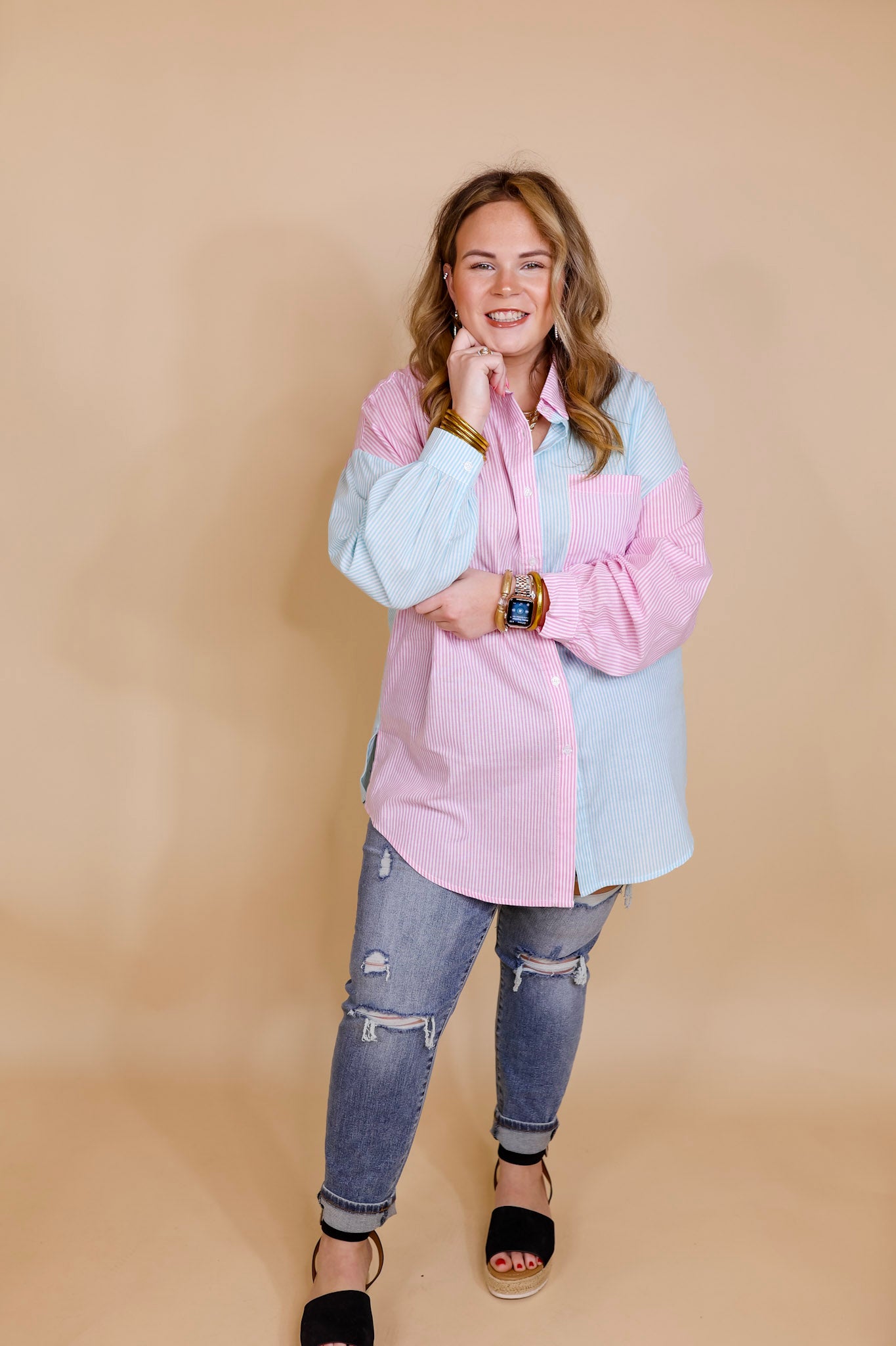 Simply Polished Pin Stripe Long Sleeve Button Up Top in Blue and Pink - Giddy Up Glamour Boutique