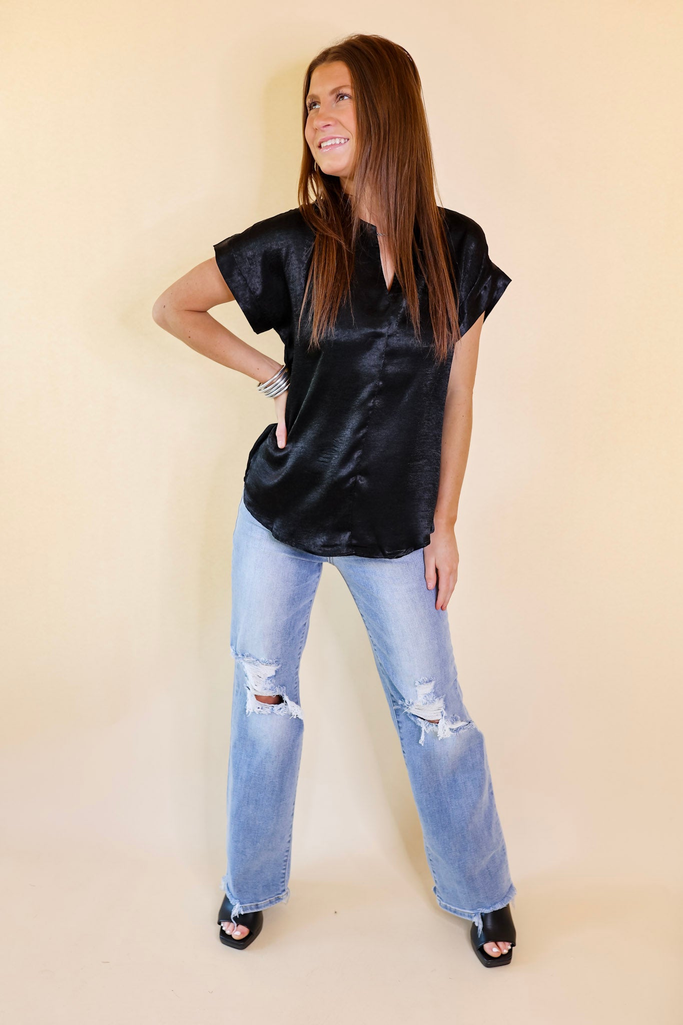 Channeling Confidence Notch Neck Short Sleeve Top in Black - Giddy Up Glamour Boutique
