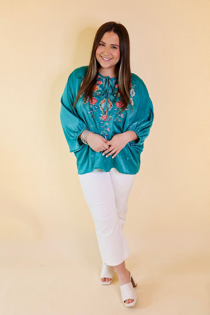 Never Out Done Floral Embroidered Poncho Top with Front Keyhole in Teal - Giddy Up Glamour Boutique