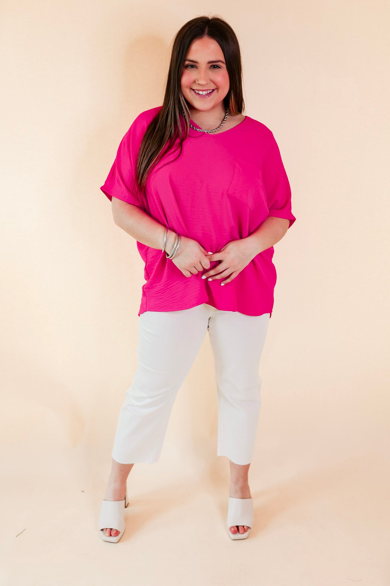 Try To Resist Short Sleeve V Neck Top with Front Pocket in Hot Pink - Giddy Up Glamour Boutique