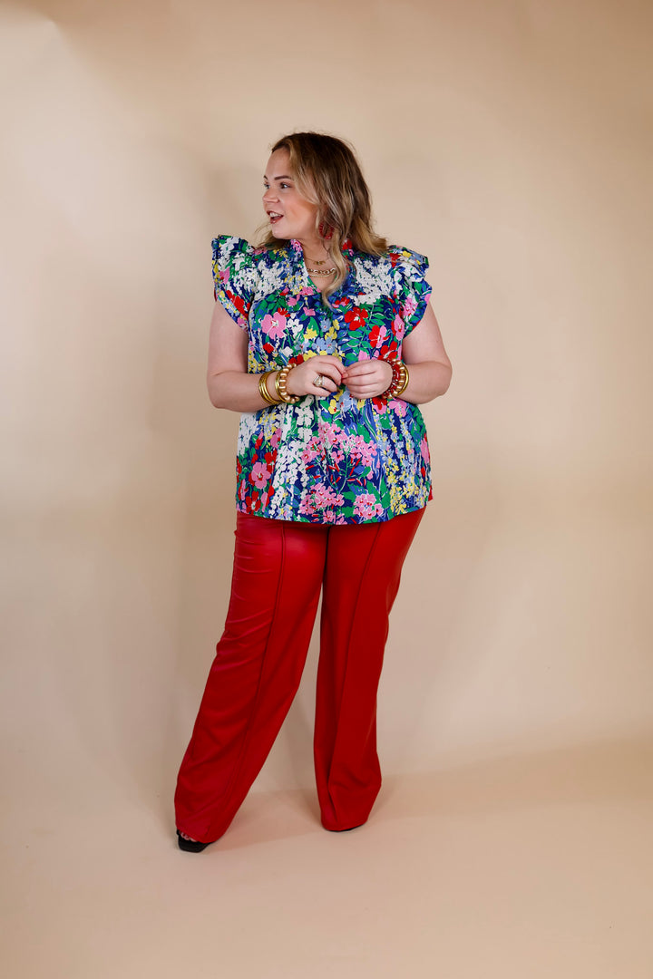 Lovely Line Up Floral Print Top with Ruffle Cap Sleeves in Blue Mix - Giddy Up Glamour Boutique