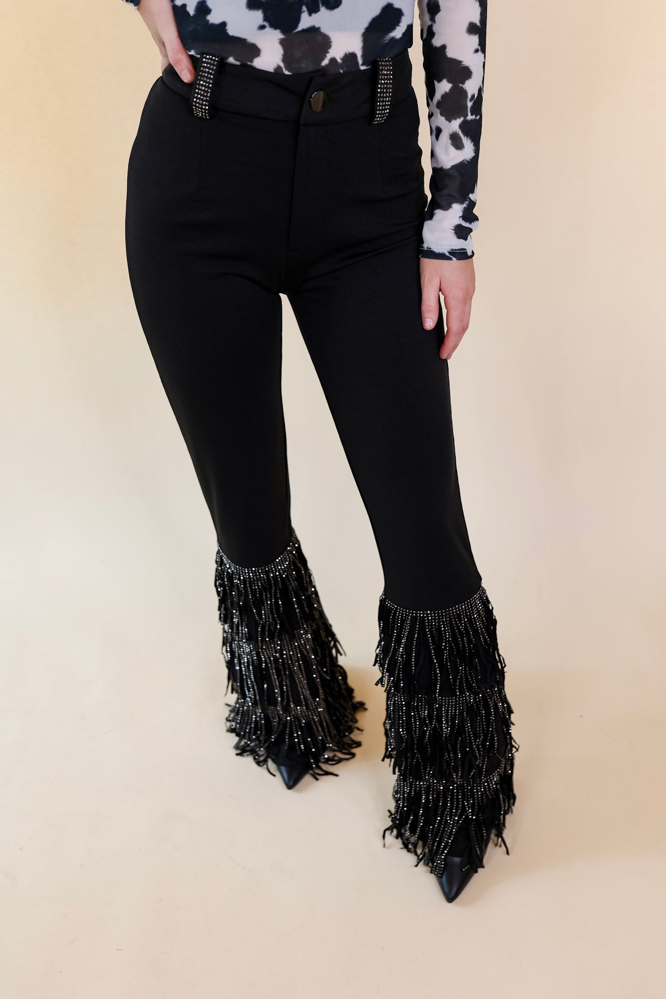 Cowboy Killer Crystal Fringe Bell Bottom Pants in Black - Giddy Up Glamour Boutique