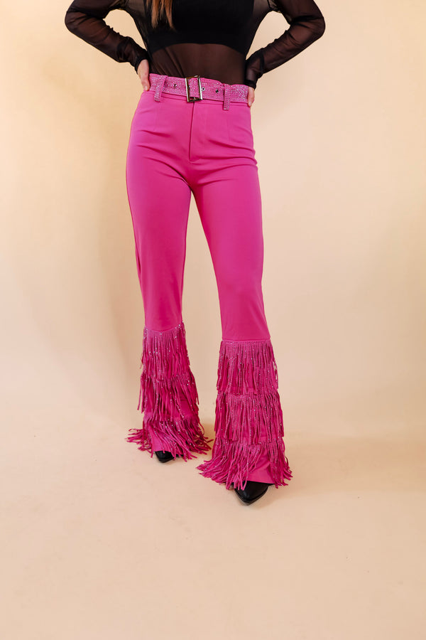 Cowboy Killer Crystal Fringe Bell Bottom Pants in Pink