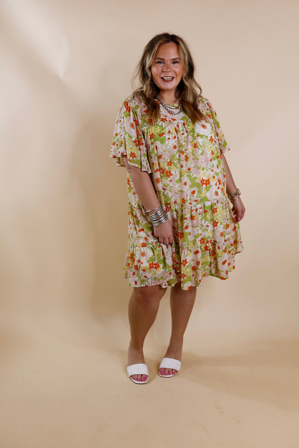 State of Bliss Ruffle Tiered Floral Dress in Lime Green and Orange - Giddy Up Glamour Boutique