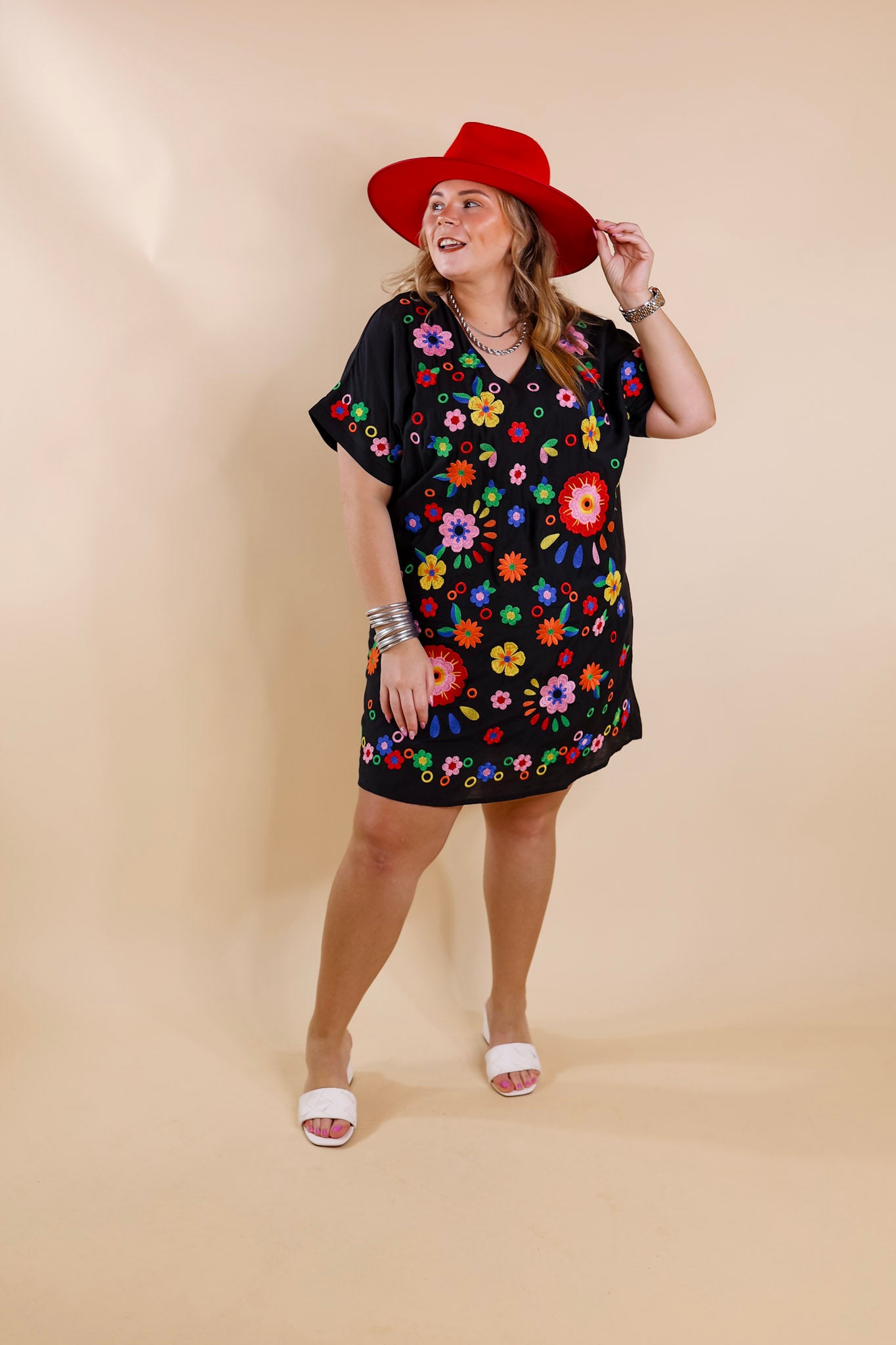 New In Town Floral Embroidered Short Sleeve Dress in Black - Giddy Up Glamour Boutique