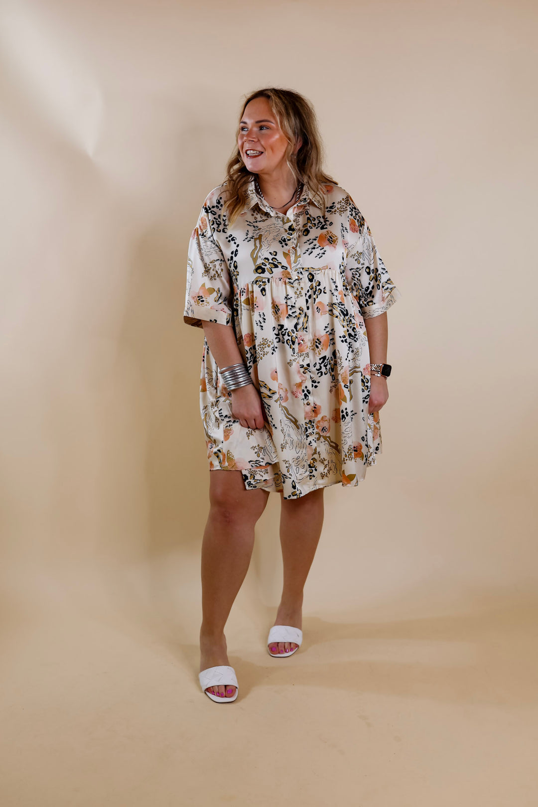 Ready To Flaunt Button Up Mix Print Satin Babydoll Dress in Ivory - Giddy Up Glamour Boutique