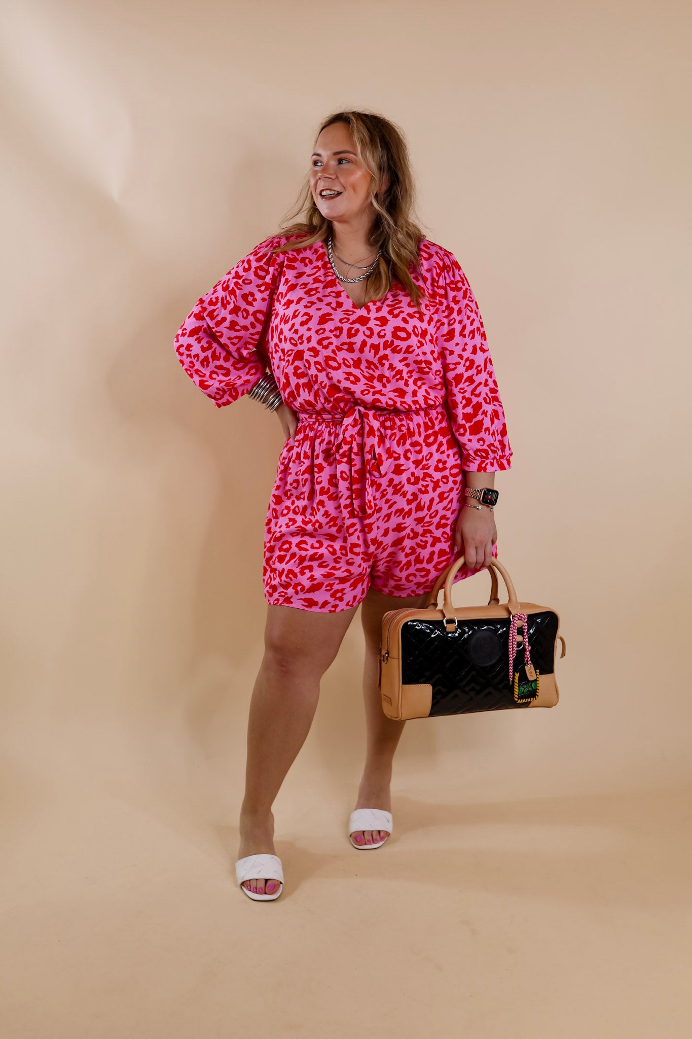 Stop The Show Leopard Print Romper with Waist Tie in Pink - Giddy Up Glamour Boutique